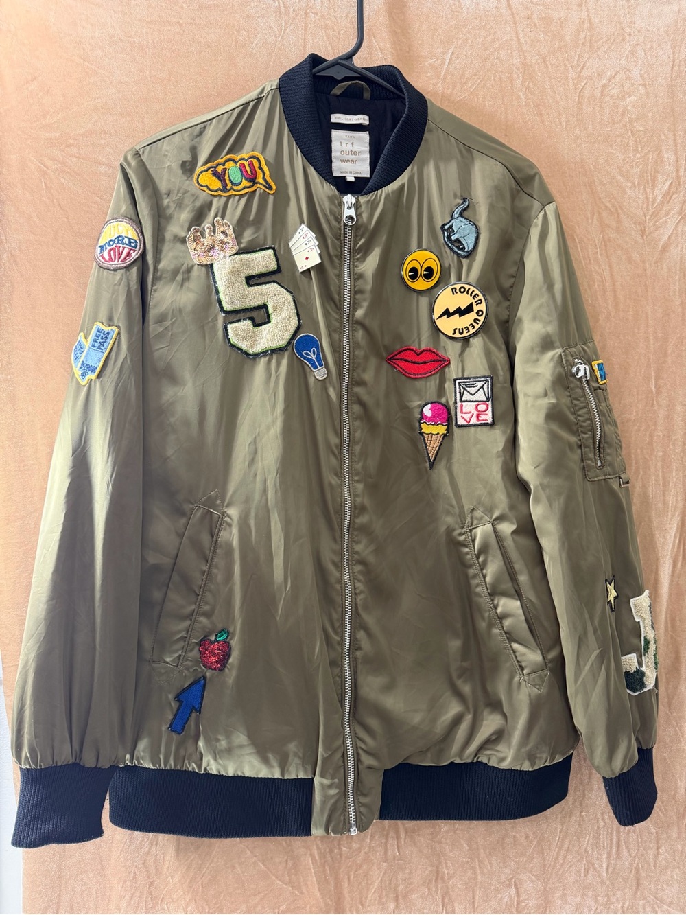 Zara Olive Bomber Jacket with Patchwork Embroidered Badges